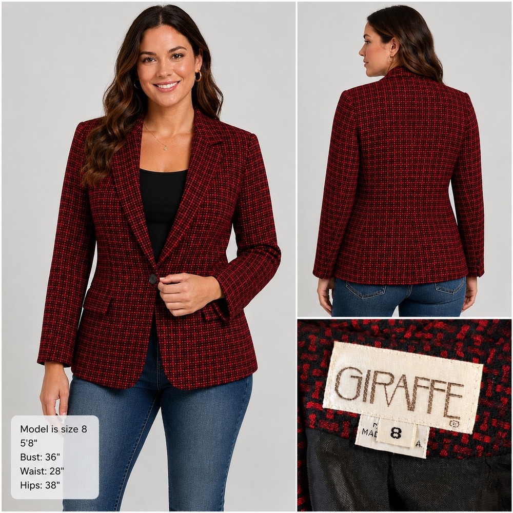Giraffe Red Tweed Blazer Women's Size 8 Single Button Career Jacket‎ VTG